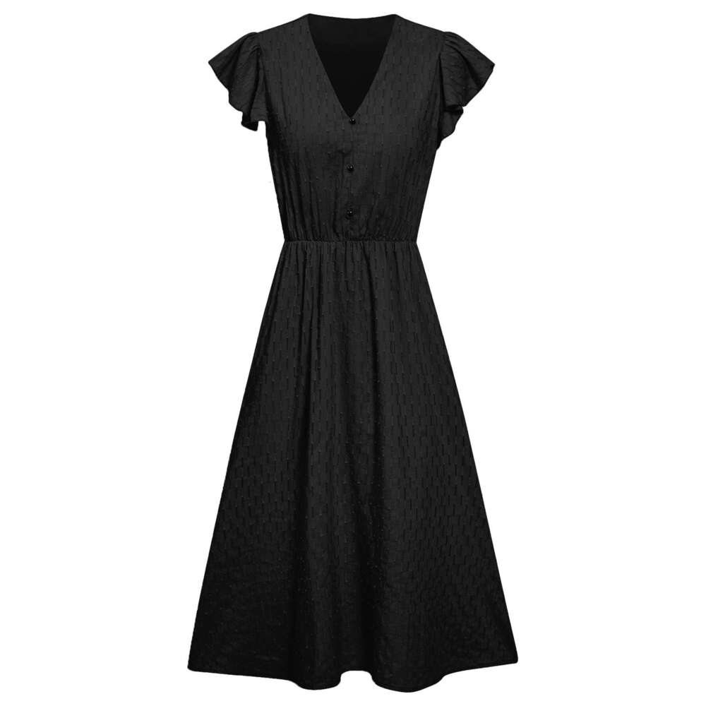 2025 Spring/Summer New Casual Solid Color V-neck Waist-cinching Fresh Style Women's Dress