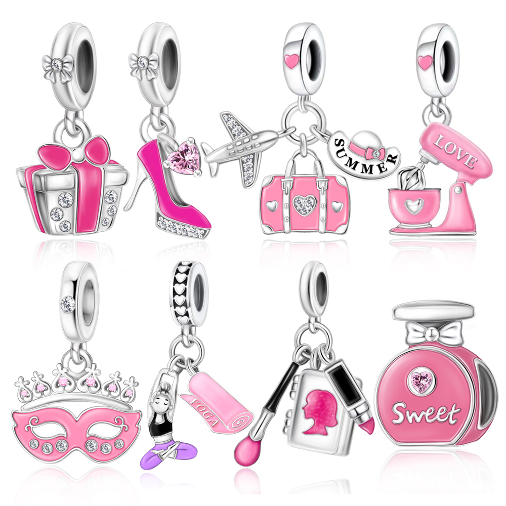 FewDook 2025 Pink Series Dangle Perfume Bottle High Heel Mask Cake Blender Handbag Pendent Charm Fit Original Pan Bracelet Accessories Jewelry Designe