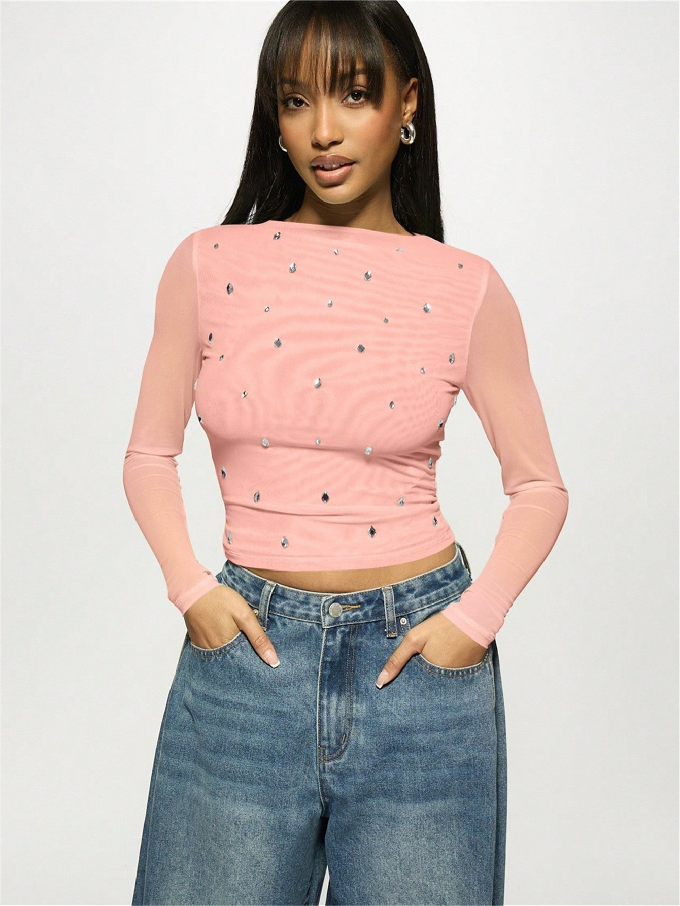 Summer new women's casual printed slim fit semi transparent hollow long sleeved T-shirt