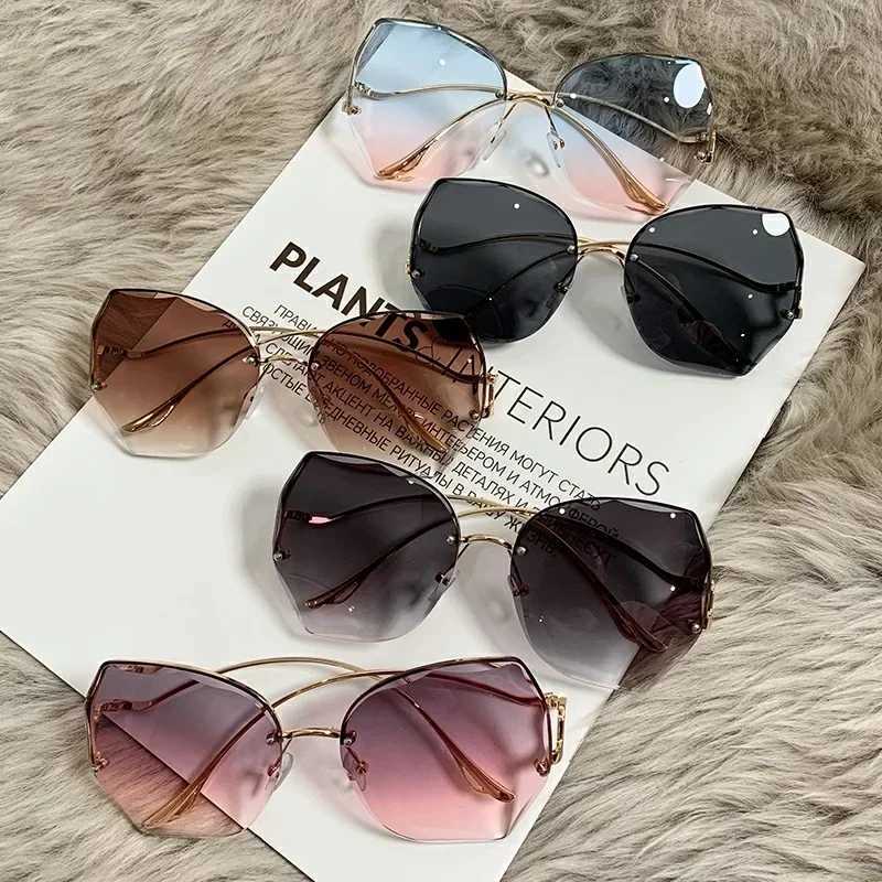 Irregular Round Sunglasses Women Brand Designer Gradient Fashion Sun Glasses Female Rimless Metal Curved Temples Oculos De Sol Z250527