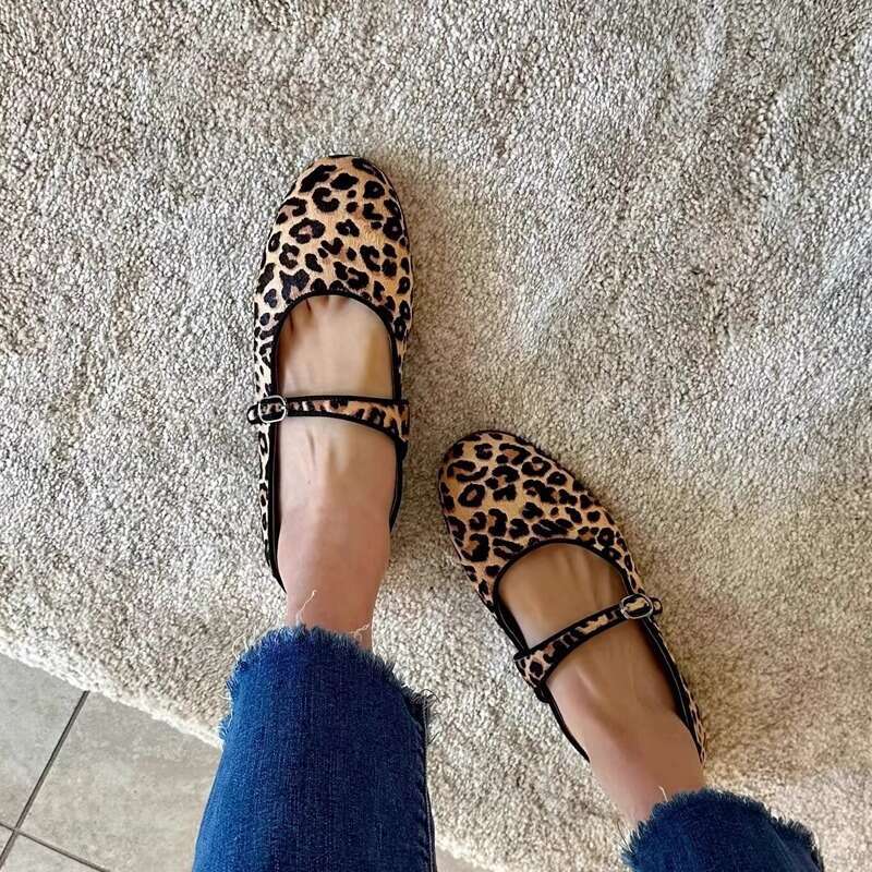Sheepskin Version ~ Korean Style Niche Leopard Print Genuine Leather One-Strap Flat for Women Ballet Mary Jane Shoes