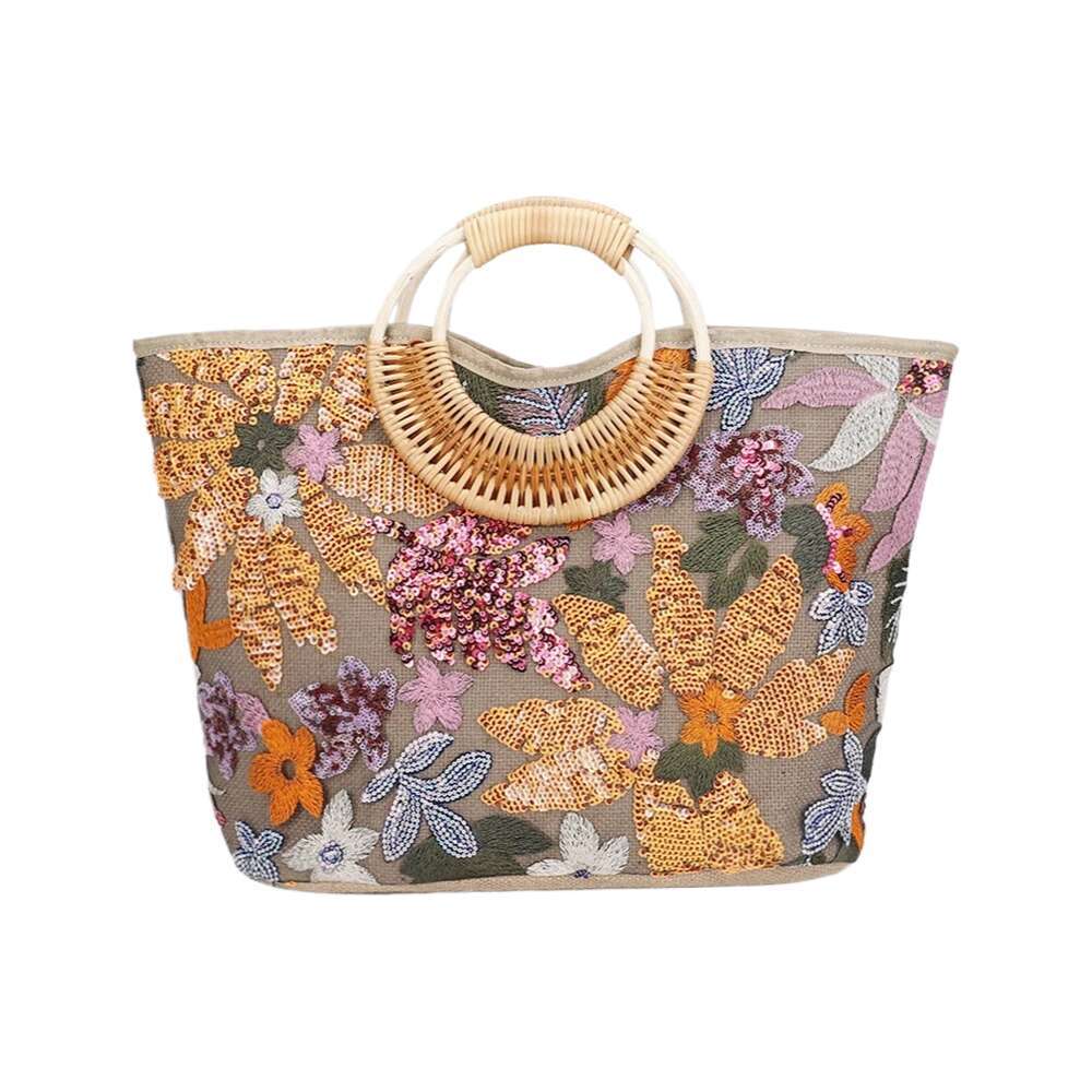 Flower Sequins Handbag Round Rattan Handle Beach Bags for Women Large Embroidery Basket Bag Travel Shopper Tote