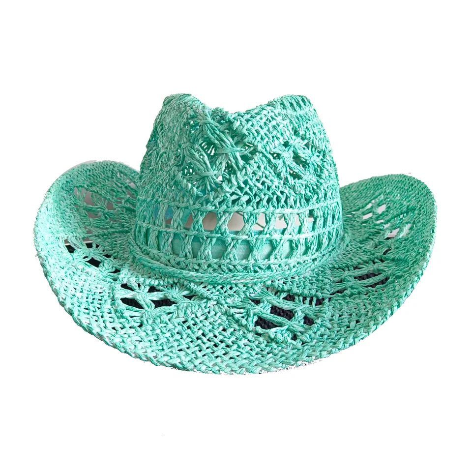 Hand-painted straw cowboy hat color mint green hollow malan flower men and women summer sun hat western cowboy hat sombrero 250526
