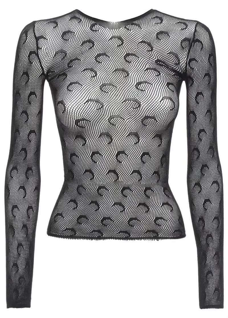 Moon Print Women T-Shirt Transparent Mesh Sexy Long Sleeve Slim Fit O Collar Stretch Ice Silk Fashion Top Base Shirt