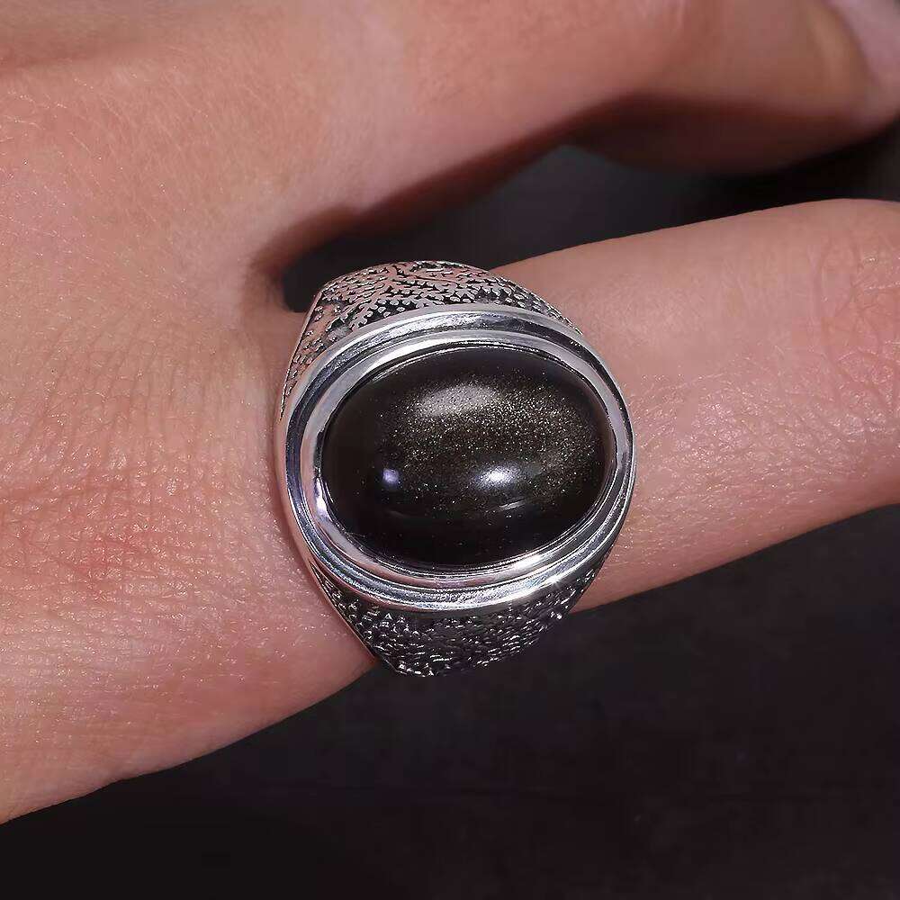 Sterling Sier Natural Golden Obsidian Ring for Men Engraved Tree Authentic Gemstone Turkish Rings Vintage Female Jewelry
