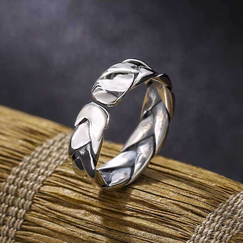 Real Pure Sterling Sier Simple Men's and Women's Open Ring with Fashion Woven Adjustable Size Vintage Jewelry