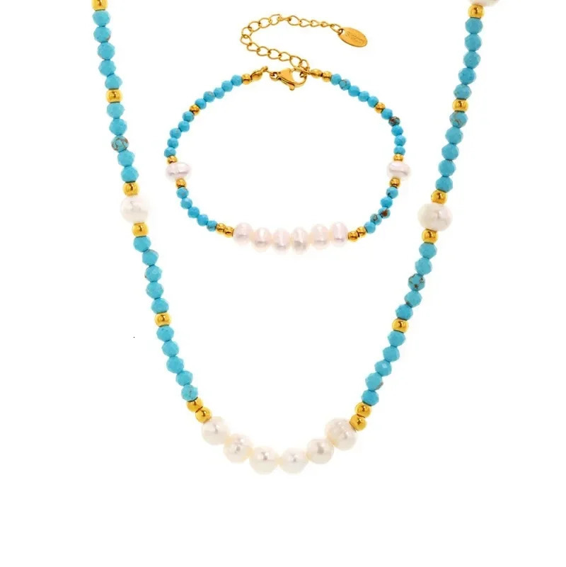 MARKA Blue Turquoise Natural Freshwater Pearl Stainless Steel Necklace for Women Niche Jewelry Accessories 250522