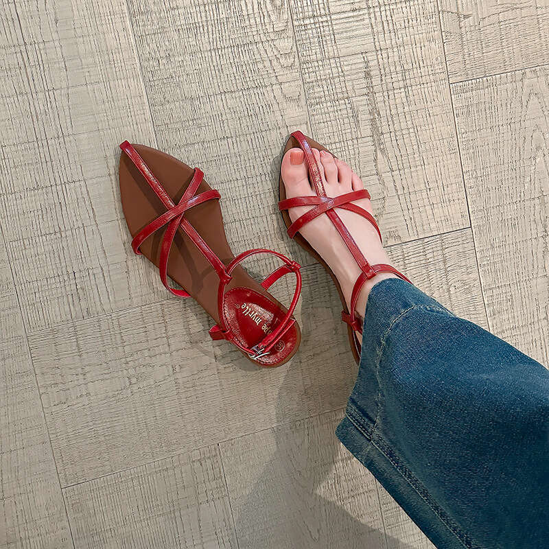 Su Yinyin Same Style Summer New French Cross Strap Elegant Pointed Open Toe Roman Sandals for Women Mid Heel