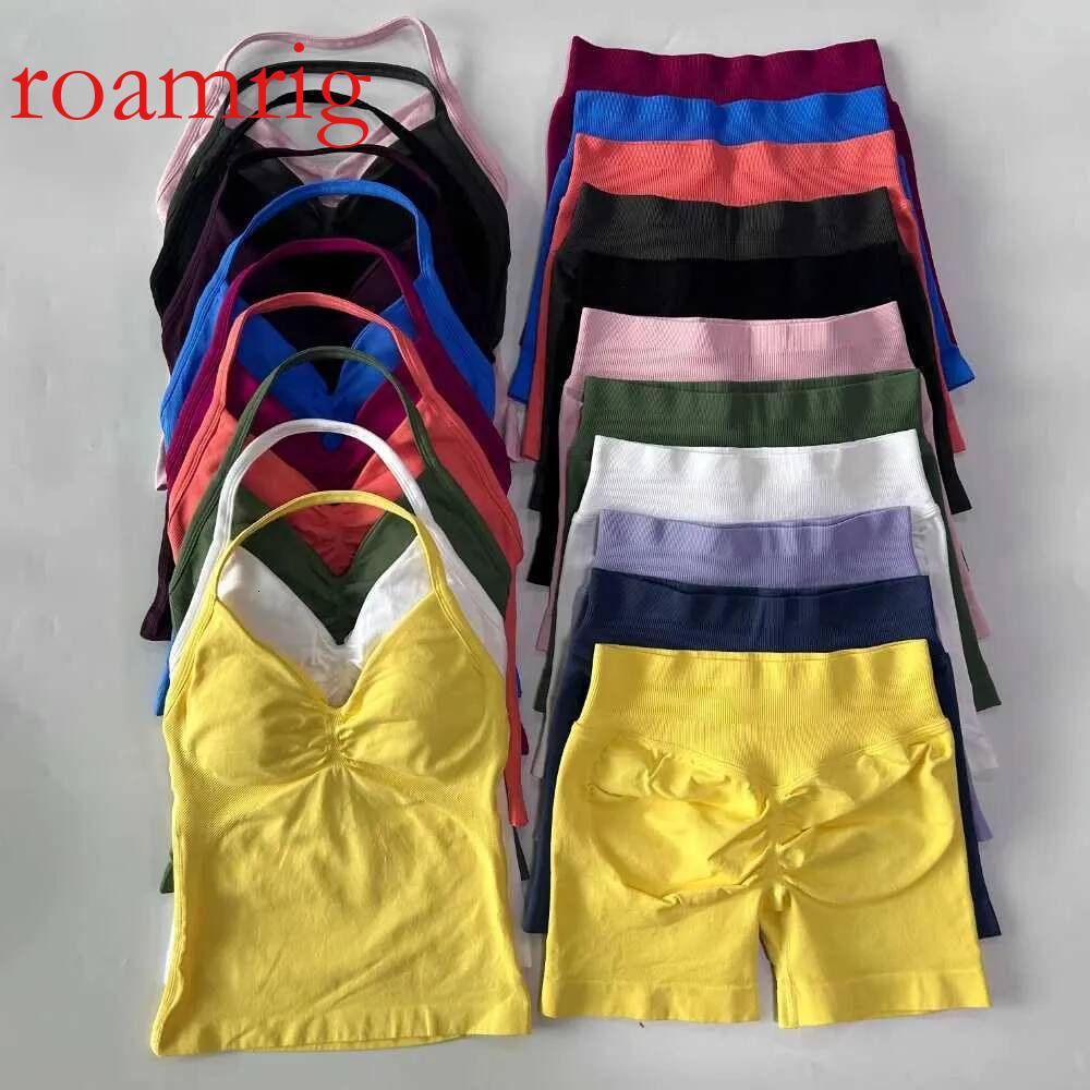 2pcs Impact Womens Backless Tank Top High Waist Threaded Seamless Shorts Gym Set W250326