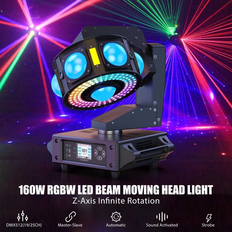 160W LED Moving Head Light Beam RGBW 360Rotation Stage Effect Lighting Projector DMX512 Sound Control for Disco Party Concert XJ250527