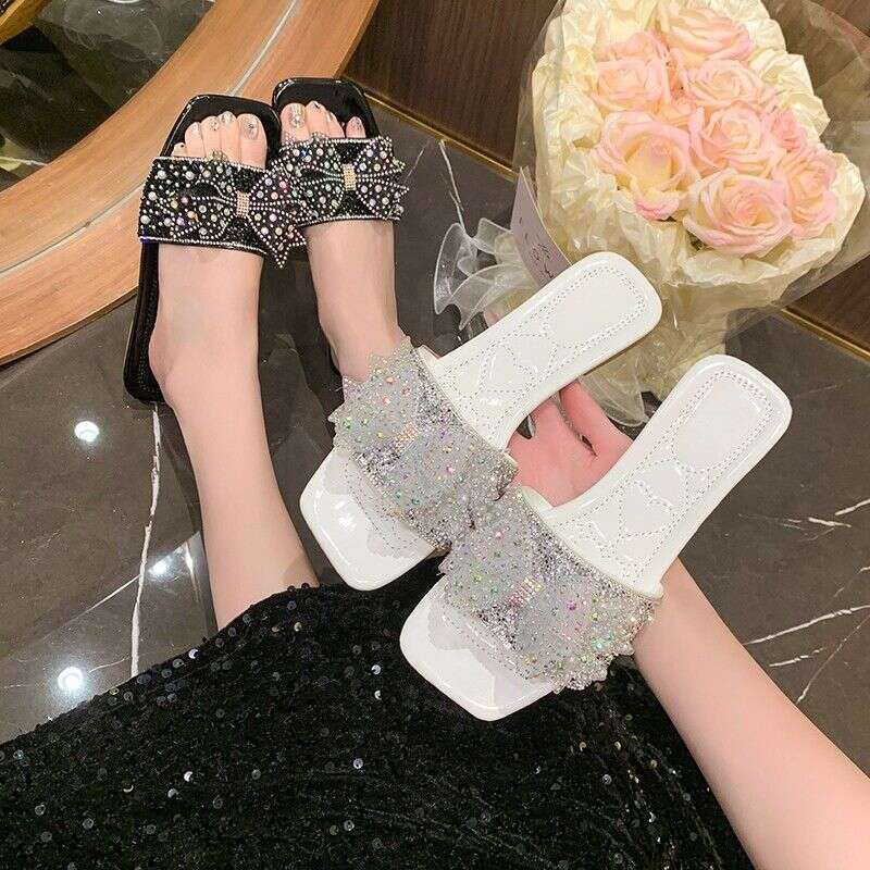 Crystal Bow Slippers For Women's Summer New Flat And Comfortable Sandals Wearing Rhinestone Sandals For Outerwear High-quality Designer Sandals F