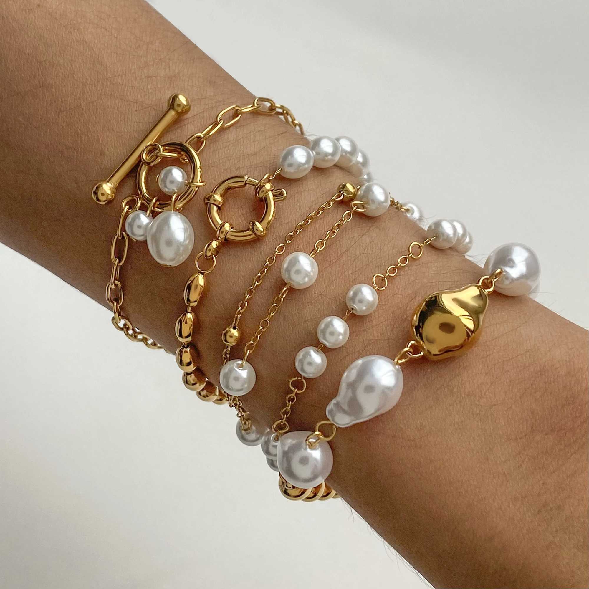 18K Gold Plated Bead Chain Irregular Shaped Glass Pearl Bracelet Chain Women Stainless Steel Rust Proof Anti Allergic Jewelry W250526