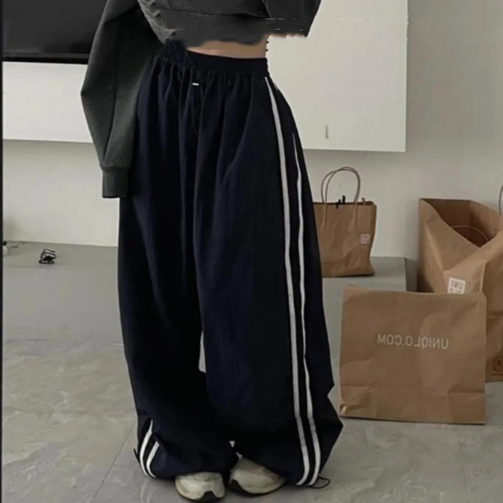 Retro SweatPant Oversized Baggy Pants Fashion Women Striped Elastic Waist Pocket Wide Leg Pant Streetwear Vintage Y2K Trousers 250526