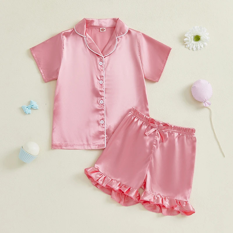 Infant Girls Cute Summer Pajama Set with Button Down Lapel V Neck Top and Ruffled Shorts for Comfortable Lounge Wear 2 Piece 250527