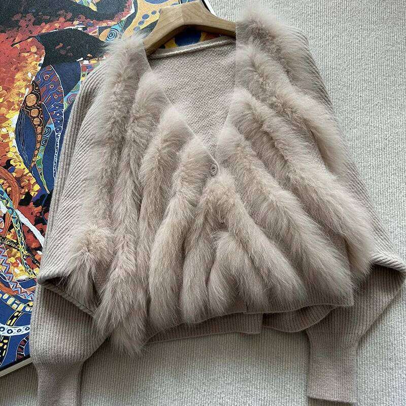2024 New Autumn Fox Stripe Cardigans Women Elegant Batwing Long Sleeves Real Fur Trim Knitted Cardigan Sweater Outwear