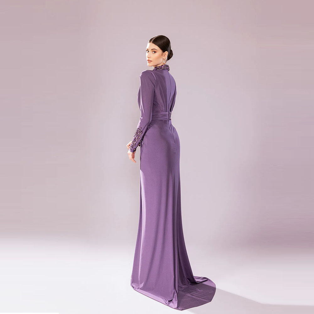 Luxury Beading Crystal Evening Dresses Ruched Split Column Long Sleeves Sexy Party Dresses Sweep Strain Prom Dresses