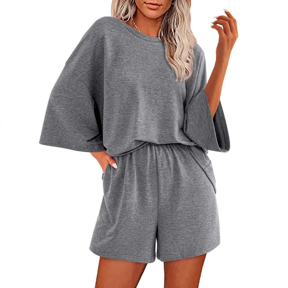 2025 Casual Women's Summer Solid Color Round Neck Short Sleeve Top Elastic Shorts Two-Piece Set for Women