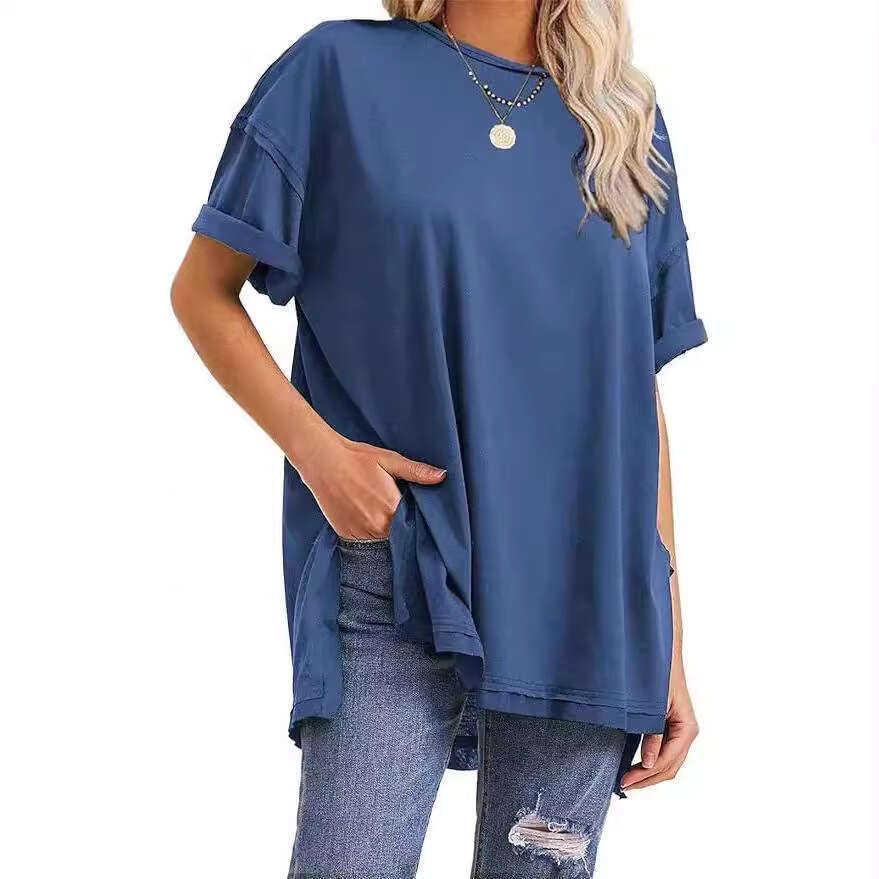 2025 Summer Women's Solid Color Cotton Round Neck Side Slit Loose T-Shirt