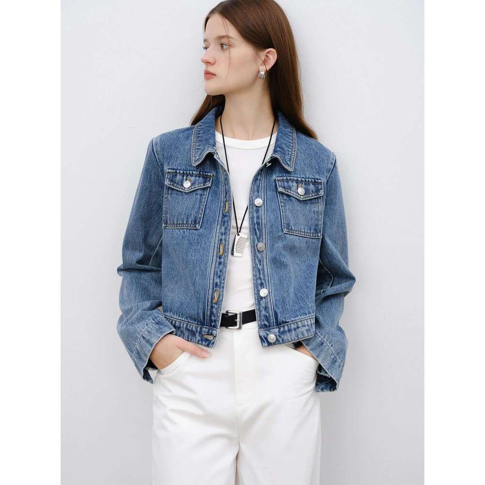 ZIQIAO Petite Size Retro Shoulder Short Denim 2025 Spring Outfit New Style Temperament Jacket Casual Loose Top 25Zq91041