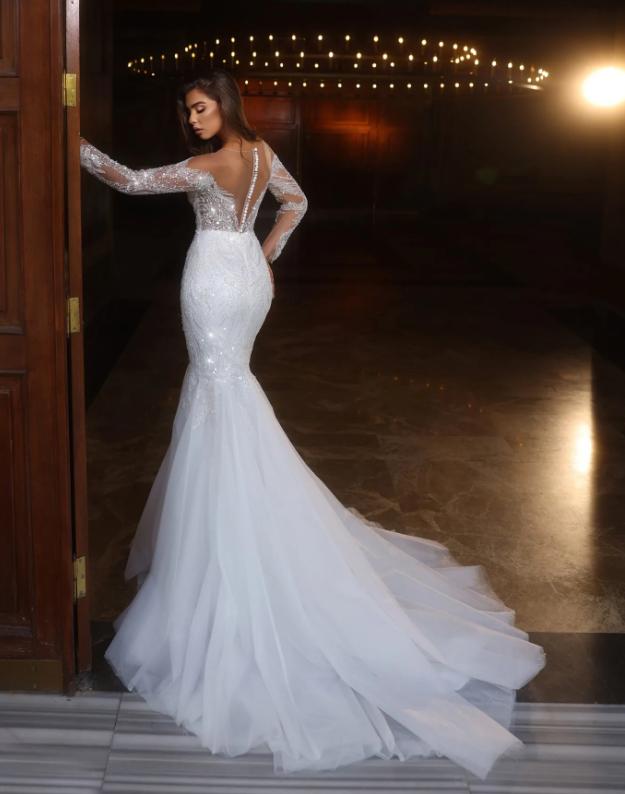 Customized Mermaid Wedding Dresses Sheer Long Sleeve Lace Appliqued Crystal Sequined Gorgeous Bridal Gowns Sweep Train robes de mariee