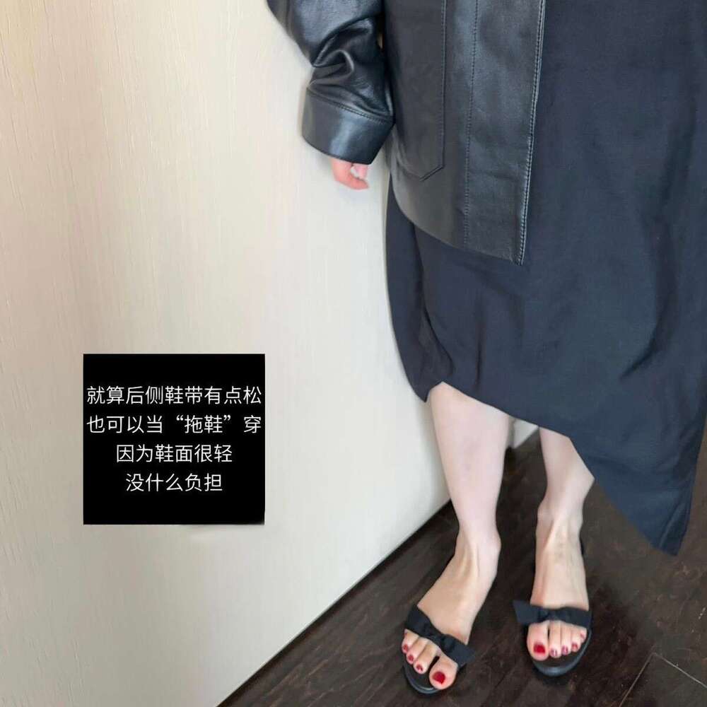 ~ji Simple Bowknot Genuine Leather Flat for Women Summer Outdoor French Style Open Toe Soft Sole Sandals