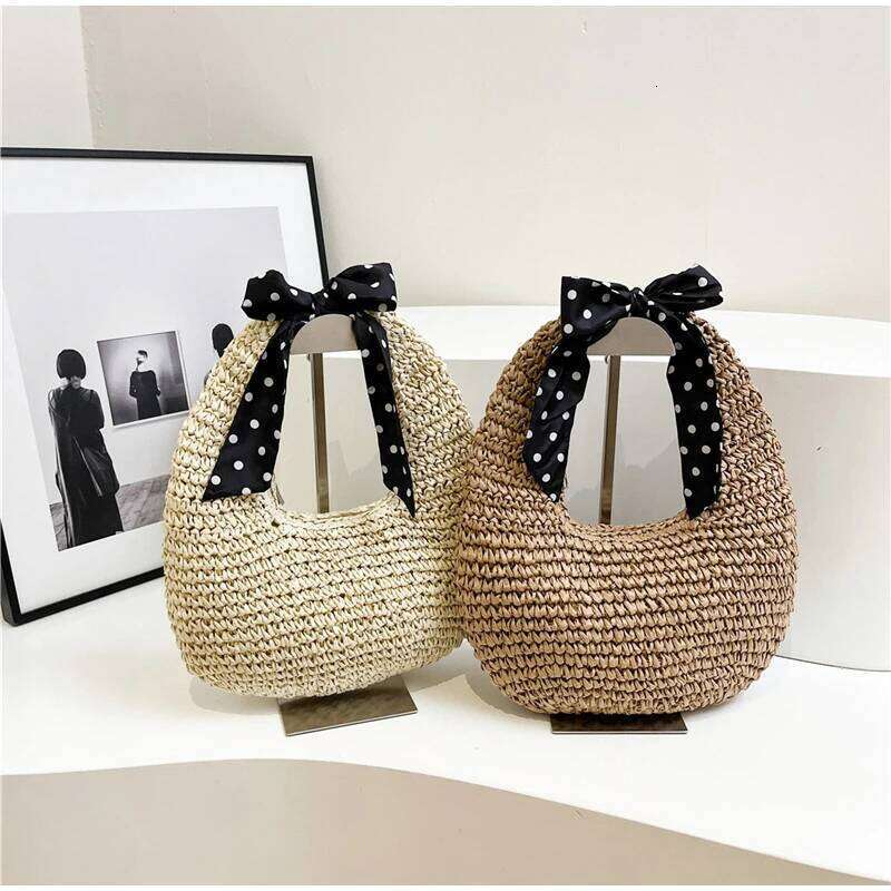 Women's Bags Designer Bird's Nest Beach Simple Bow Handle Straw Handbag Seaside Vacation Woven Versatile Hand-Held Shoulder Bucket Bag