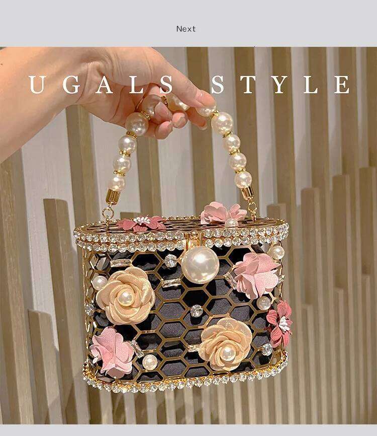 Hollowout Pearl Beaded Metallic Cage Women Handbag Rhinestone Dia Evening Wedding Party Clutch Purse Shoulder Bag