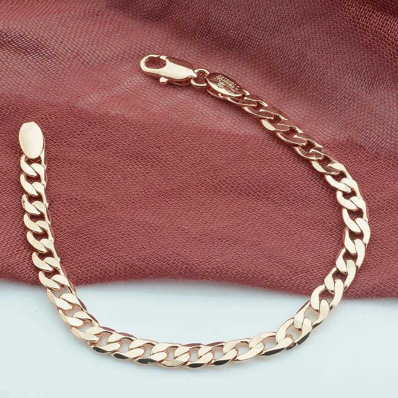 FJ 5MM 17CM-21CM Women Bracelet Men 585 Rose Gold Color Curb Smooth Bracelets W250526