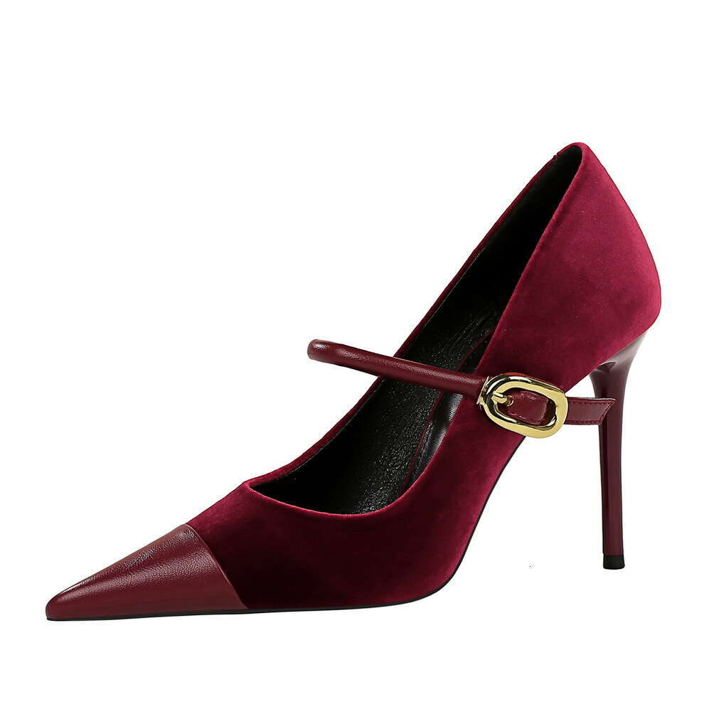Banquet high-heeled suede pointed metal buckle single strap single shoe fashionable high-end women's high-heeled sandals