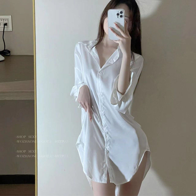 X181-Ice silk pajamas women summer new fashion white shirt medium long silk shirt nightdress