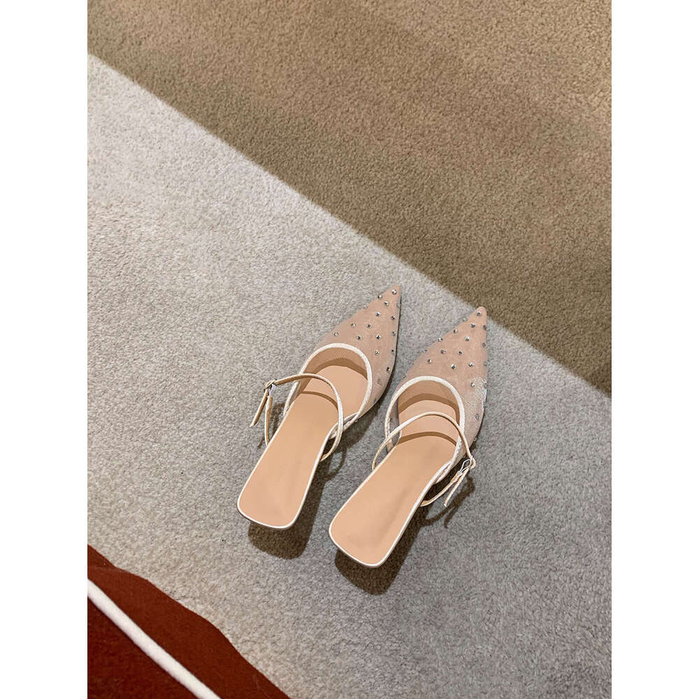 Sheepskin Version ~ Grape Mom Rhinestone Pointed Elegant High Heels Mesh Breathable Backless Single Shoes Women's Closed Toe Sandals