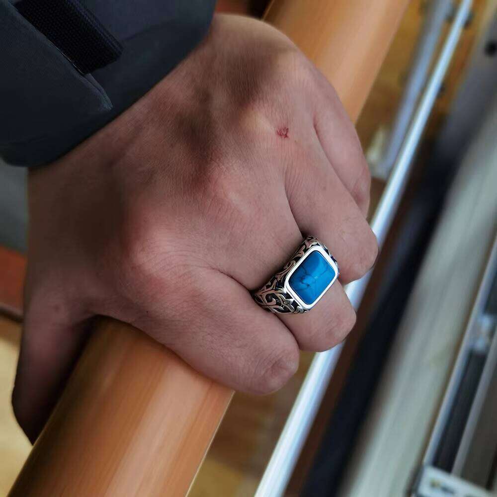 Real Pure Sterling Sier Rings for Men Blue Natural Crystal Stone Mens Ring Vintage Hollow Engraved Flower Fine Jewelry