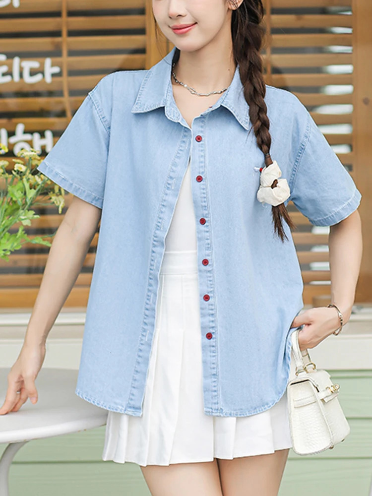 Light Blue Embroidered Love Women Jean Shirt Clothes Summer Loose Streetwear Short Sleeve Chic Denim Shirts Tops Lady 250523