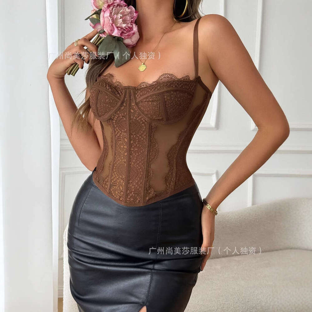Lace Patchwork Sexy Camisole with Chest Pads for Women, Slimming Hollow Out Backless Wearable Fishbone Shapewear