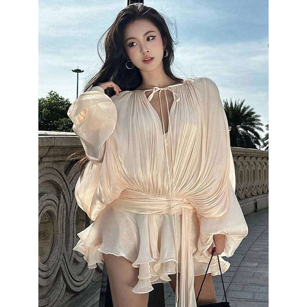 Hot Tight Dresses TWOTWINSTYLE Elegant Ruched Mini Dress For Women Round Neck Lantern Long Sleeve High Waist Temperament Dresses Female Fashion