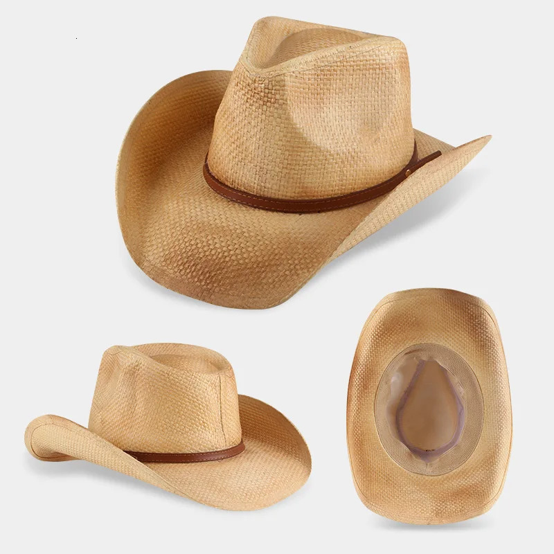 Hollow Out Straw Western Cowboy Hat for Men Women Summer Curling Brim Beach Sun Hats Panama Cowgirl Hats Outdoor Fishing Hat 250526
