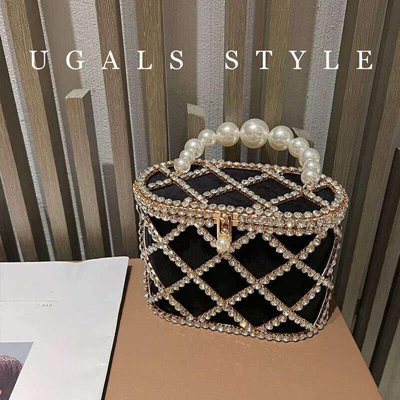 Rhinestones Dia Evening Hollow Pearl Beaded Metallic Cage Women Handbag Wedding Party Clutch Purse Shoulder Bag