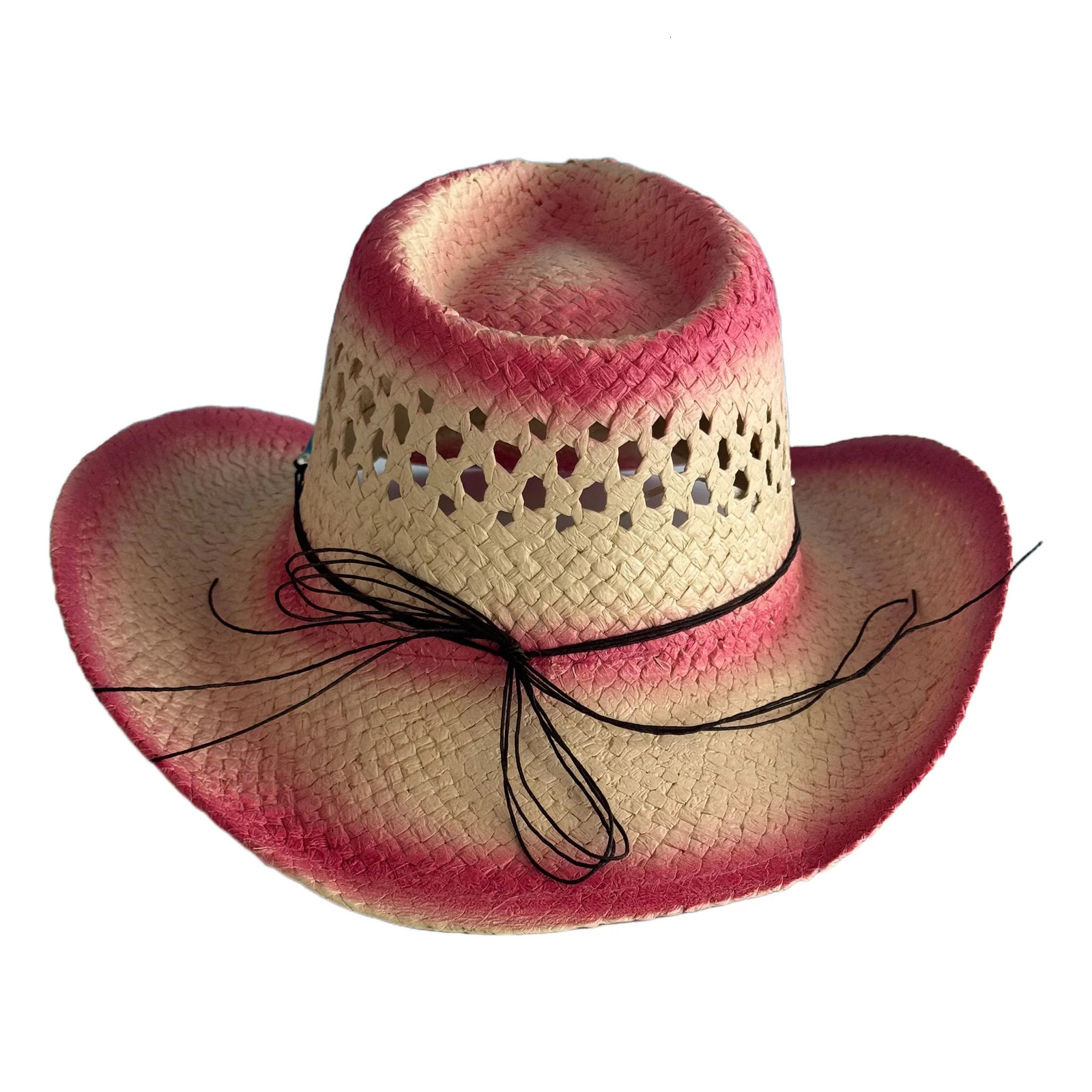 Summer Bohemia Vintage Western Cowboy Hat For Women Men Pink Gradual Change Beach Straw Hat Outdoor Wide Brim Hollow Out Sun Cap 250526
