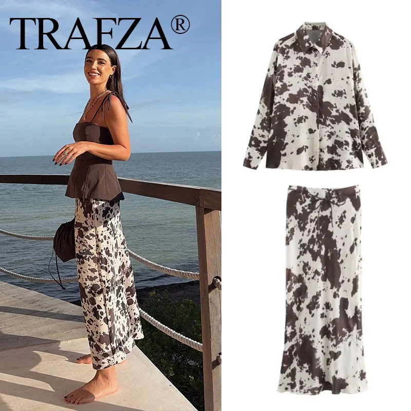 TRAFZA Spring Women Fashion Skirts Suit Brown Printed Casual ShirtHigh Waist Drawstring Belt Satin Midi Skirt Matching Set 250526