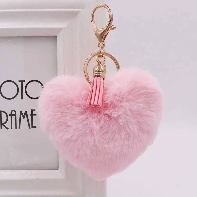Cute Fluffy Heart Fur Ball Tassel Keychain For Women Faux Rabbit Pompom Car Pendant Keyring Holder Charm Bag Girl Party Gift W250526