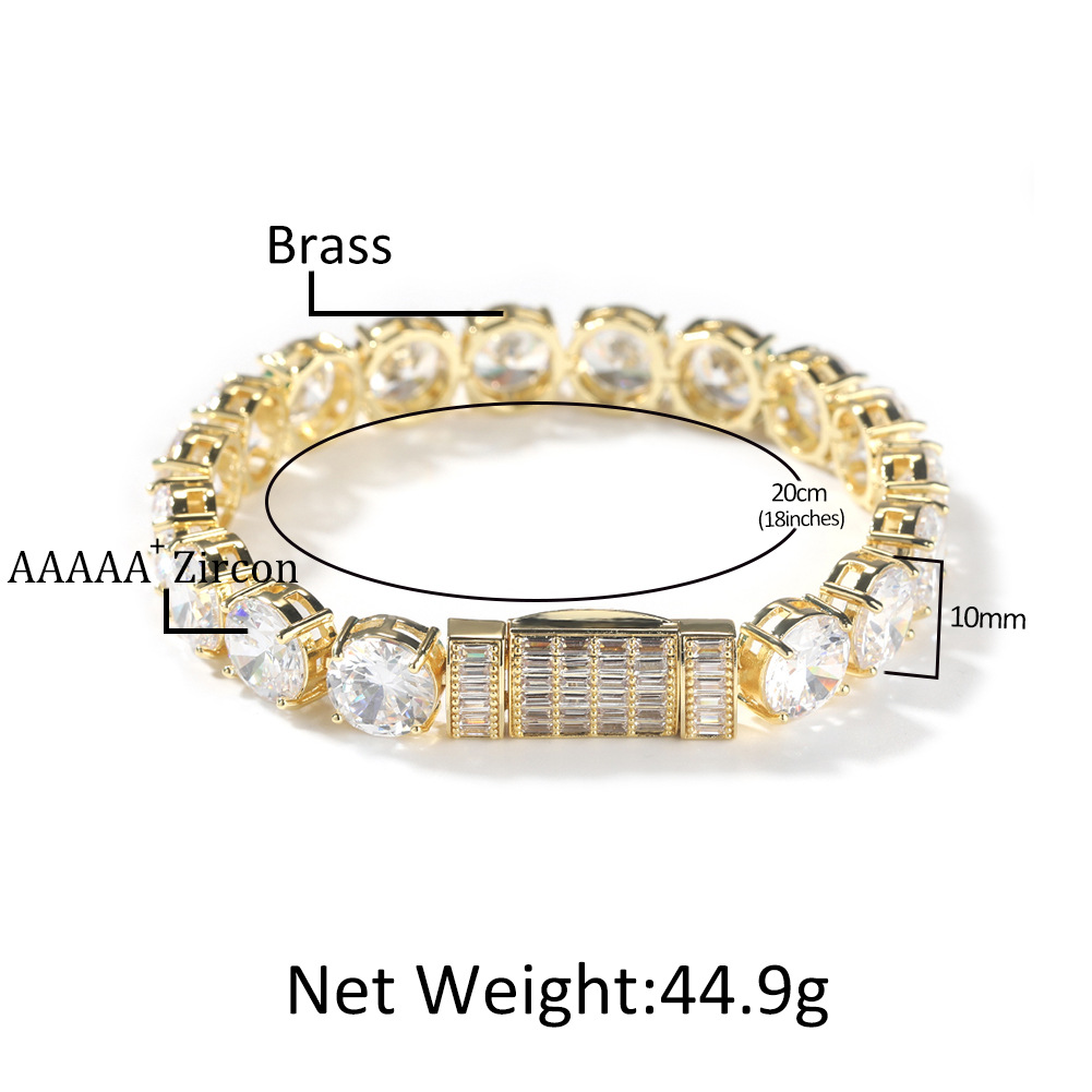 10mm Hip Hop Tennis Chain Cuban Chain Necklace Bracelets Real Gold Plated 5A Round Zircon Jewelry