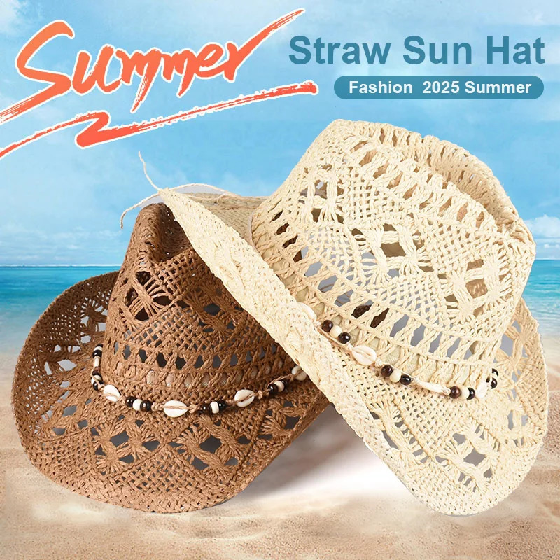 Straw Western Cowboy Hat for Women Men Classic Vintage Hollow Out Unisex Wide Brim Beach Sun Hat Fishing Hat Climbing Cap 250526