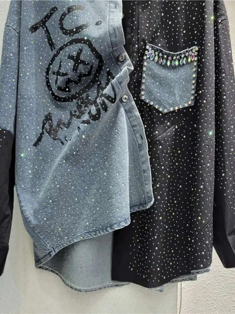 EWQ High Street Beading Diamond Patchwork Black Denim Shirt Y2K Fashion Loose Casual All Match Blouse 2025 Spring Autumn U7602 250523