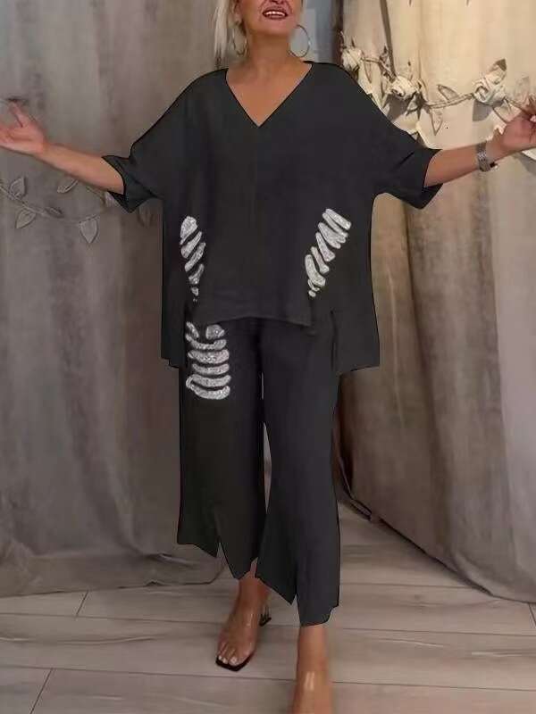 2025 Summer_Women's Casual Cotton Linen V-neck Top with Distressed Sequins Irregular Set