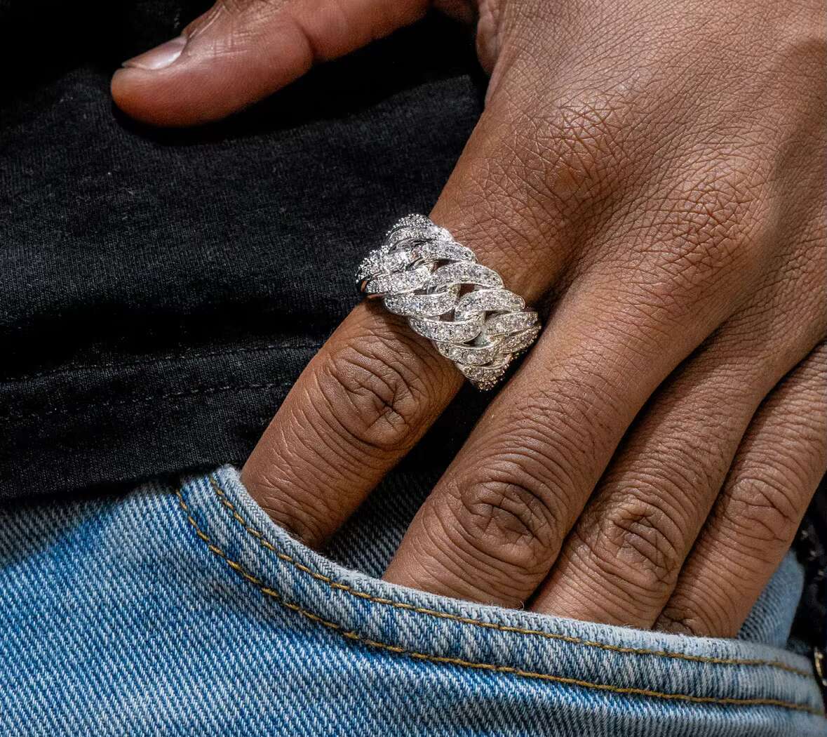 Luxury Custom Hip Hop Jewelry Mens Iced Out Cuban Ring in 925 Solid Silver with Real VVS1 Moissanite Diamonds 18K Gold Plated