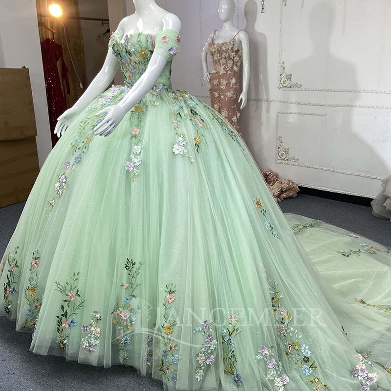 Mint Green Quinceanera Dresses Ball Gown Off The Shoulder Applique Lace Beading Tull Party Birthday Sweet 16 Dress Vestidos 15 Anos