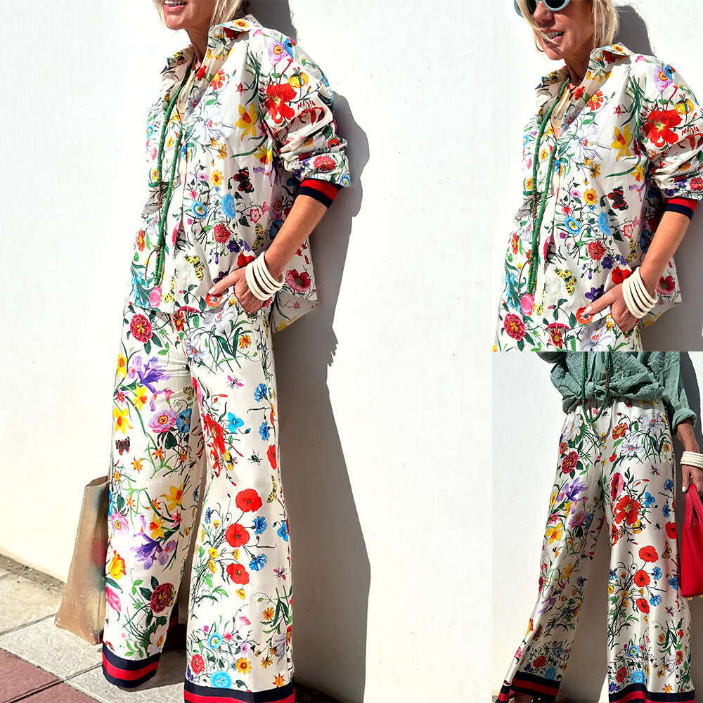 Women's New Printed Set Casual Long Pants Shirt Fashion Top 3023