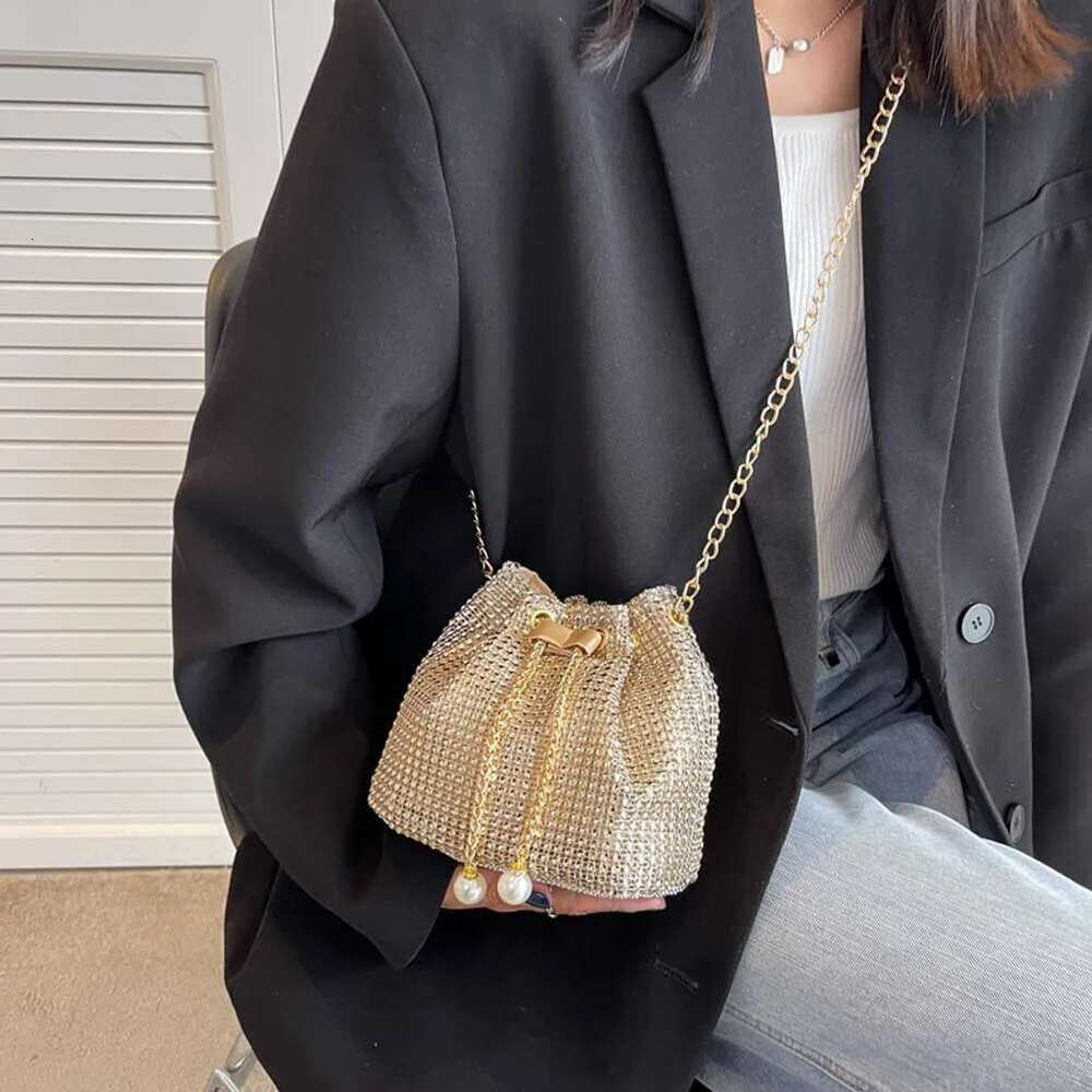 Women Chain Crossbody Solid Color Rhinestone Glittering Satchel Drawstring Shinny Sling Purse Dinner Party Bag
