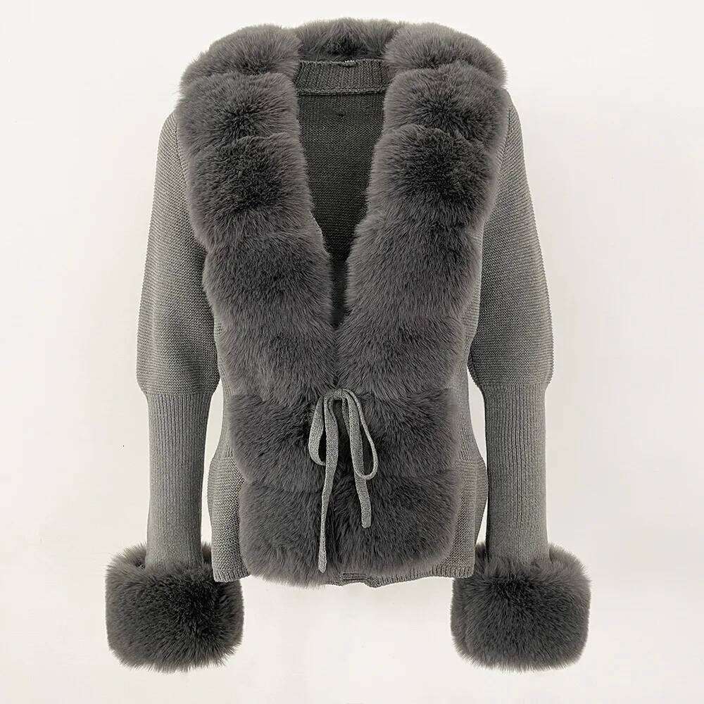 Patchwork Knit Sweater Bandage Cardigan Detachable Collar Jacket Autumn-winter Women's Faux Fur Coat