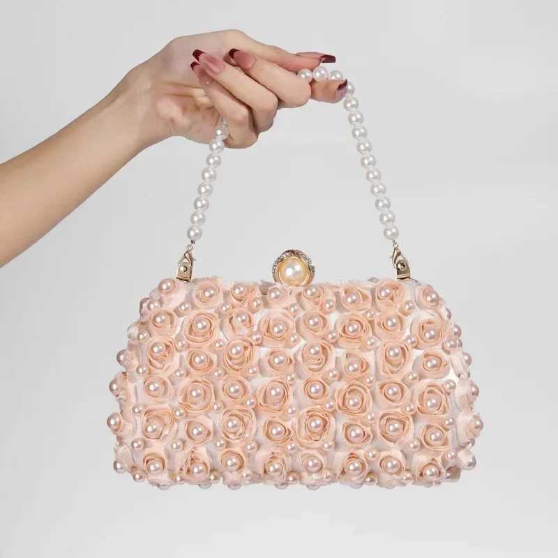 Wedding Party Evening Bag Luxury Double Sided Rose Appliques Champagne Banquet Handbag Pearl-handle Red Clutch Bags for Women W250527